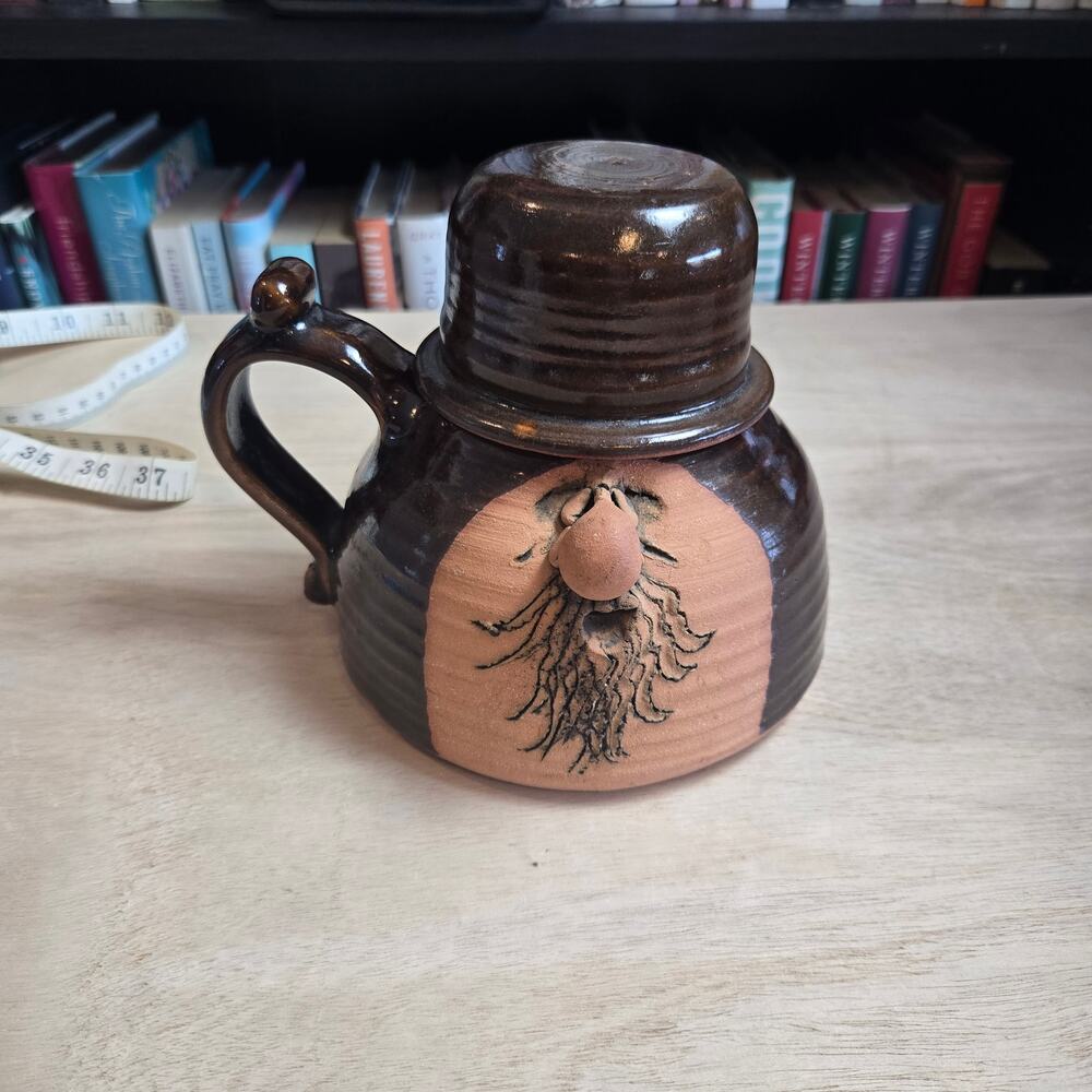 Vintage Peter Petrie 1976 Ugly Face pottery derpy tumble-up with mug